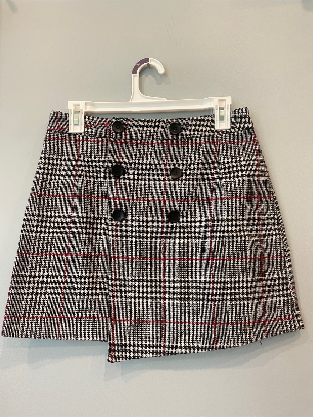Classic Plaid Double-Breasted Mini Skirt - Black/White with Red Accents medium